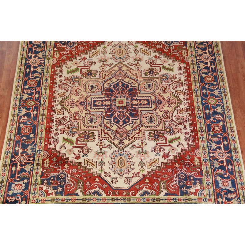Hand Knotted Oriental 100% Wool Carpet Traditional Medallion Beige & Ivories Heriz (serapi) Area Rug - 9' 10'' X 7' 11''
