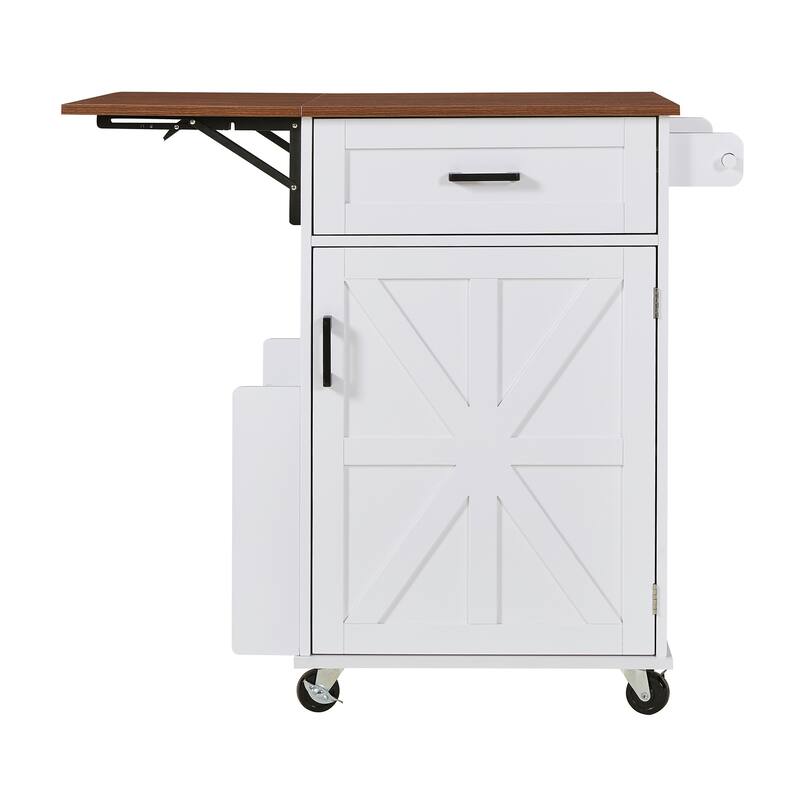 39.3" Farmhouse Kitchen Island with Drop Leaf, Open Side Rack, 1 Drawer, Towel Rack, & Lockable Wheels