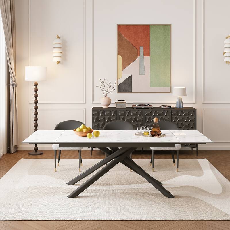 9 - Piece Extendable Rectangular Sintered Stone Cross Legs Dining Set With 8 Chairs For Home or Villa