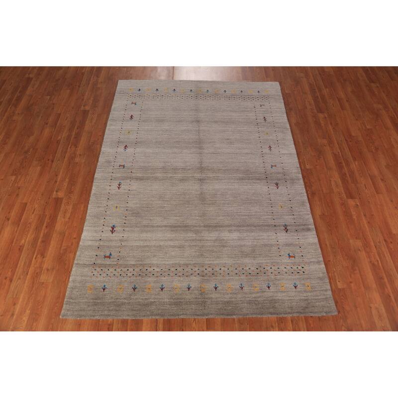 Contemporary Gabbeh Rug Hand-Knotted Beige Modern Wool Carpet - 5'3" x 7'8"