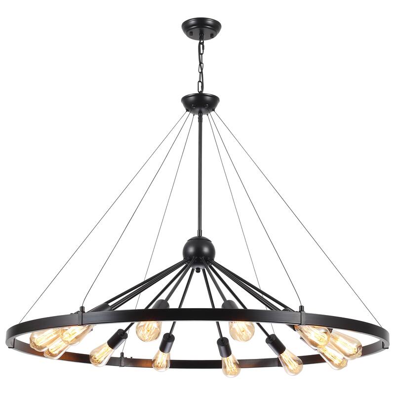 12-Light W43.3" x H90.55" Wagon Wheel Chandelier for Study Bedroom