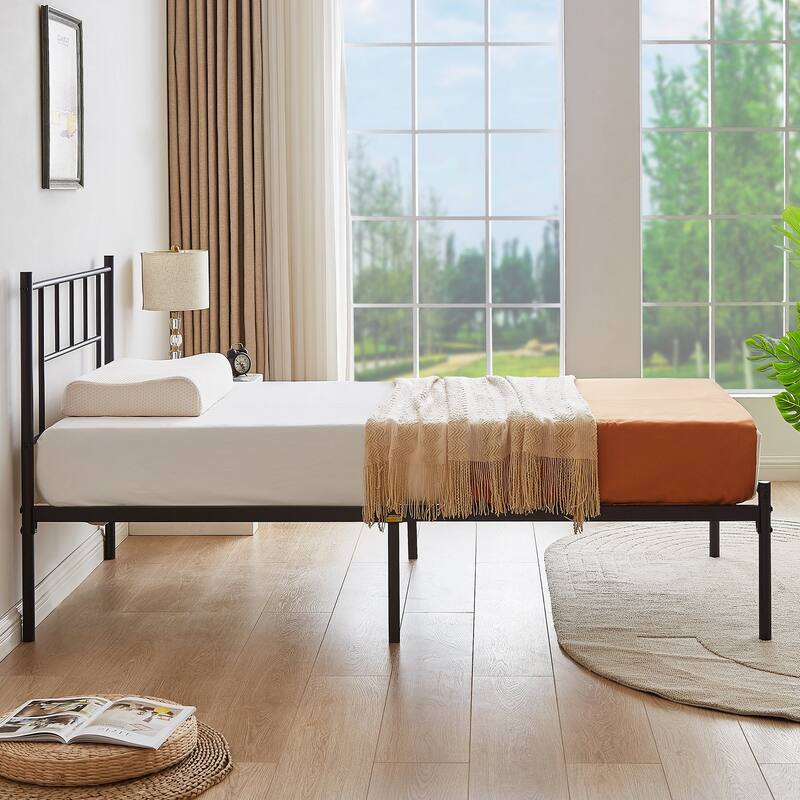 VECELO Victorian Style 14 Inch Metal Platform Bed Frame with Headboard, Heavy Duty Steel Slat Support, No Box Spring Needed