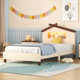 Wood Bed Frame w/ House-Shaped Headboard & Motion Activated Night Lights for Kids
