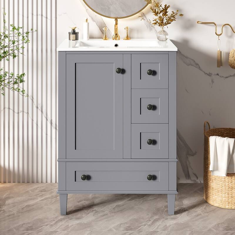 GDFStudio - Faraday Modern Freestanding Bathroom Vanity with Ceramic Sink, Double-Layer Shelf and Soft Close Drawers & Door