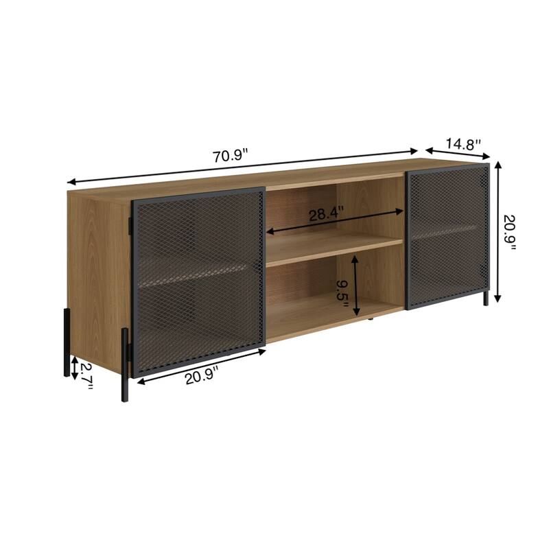 York Media Console TV Stand with Black Iron Legs 2 Mesh Doors