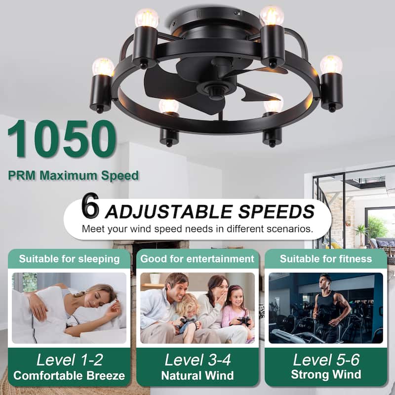 Cusp Barn 20 Inch Black Low Profile Flush Mount Ceiling Fan with Light and Remote, Industrial 6 Speeds DC Motor Ceiling Fan
