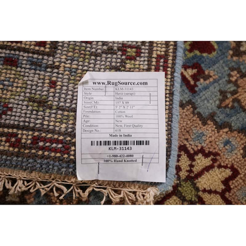 Light Blue Geometric Heriz Serapi Accent Rug Handmade Wool Carpet - 2'11"x 5'2"