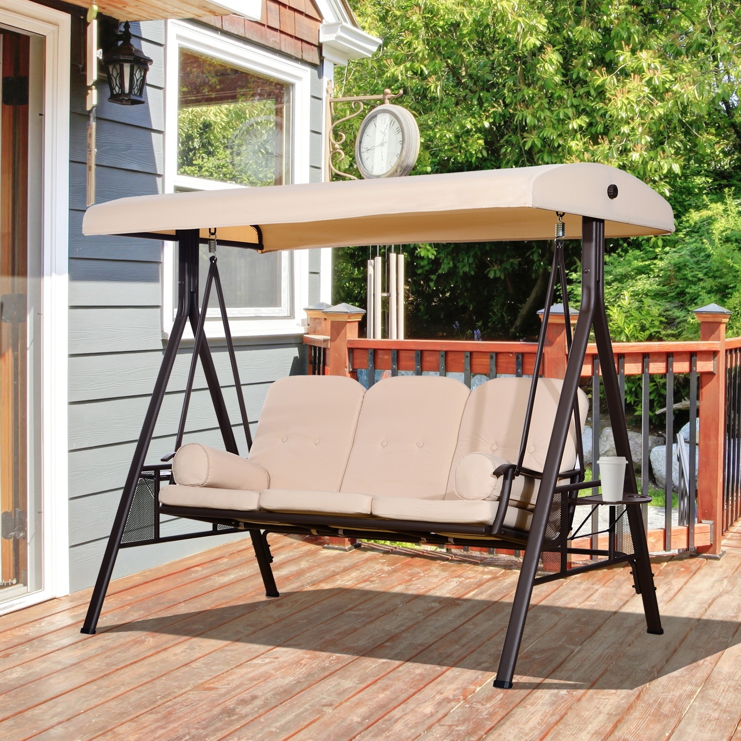 Outsunny Outdoor Patio 3-Person Canopy Cushioned Seat Bench Swing with Included Side Trays & Padded Comfort