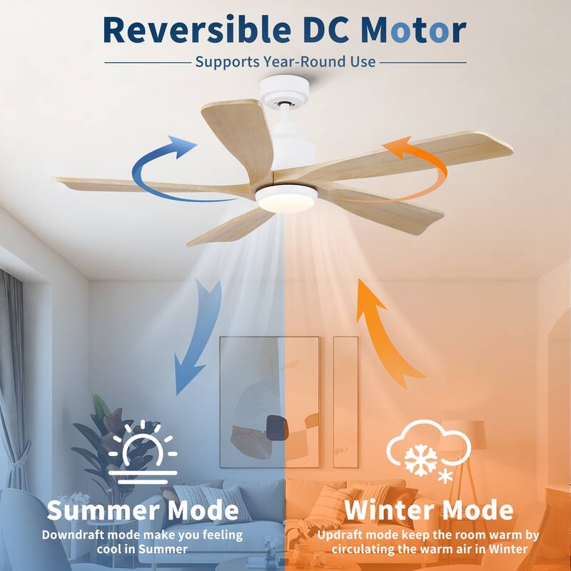 52 inch Natural Style Cozy Solid Wood White Ceiling Fan with Light, Quiet DC Motor
