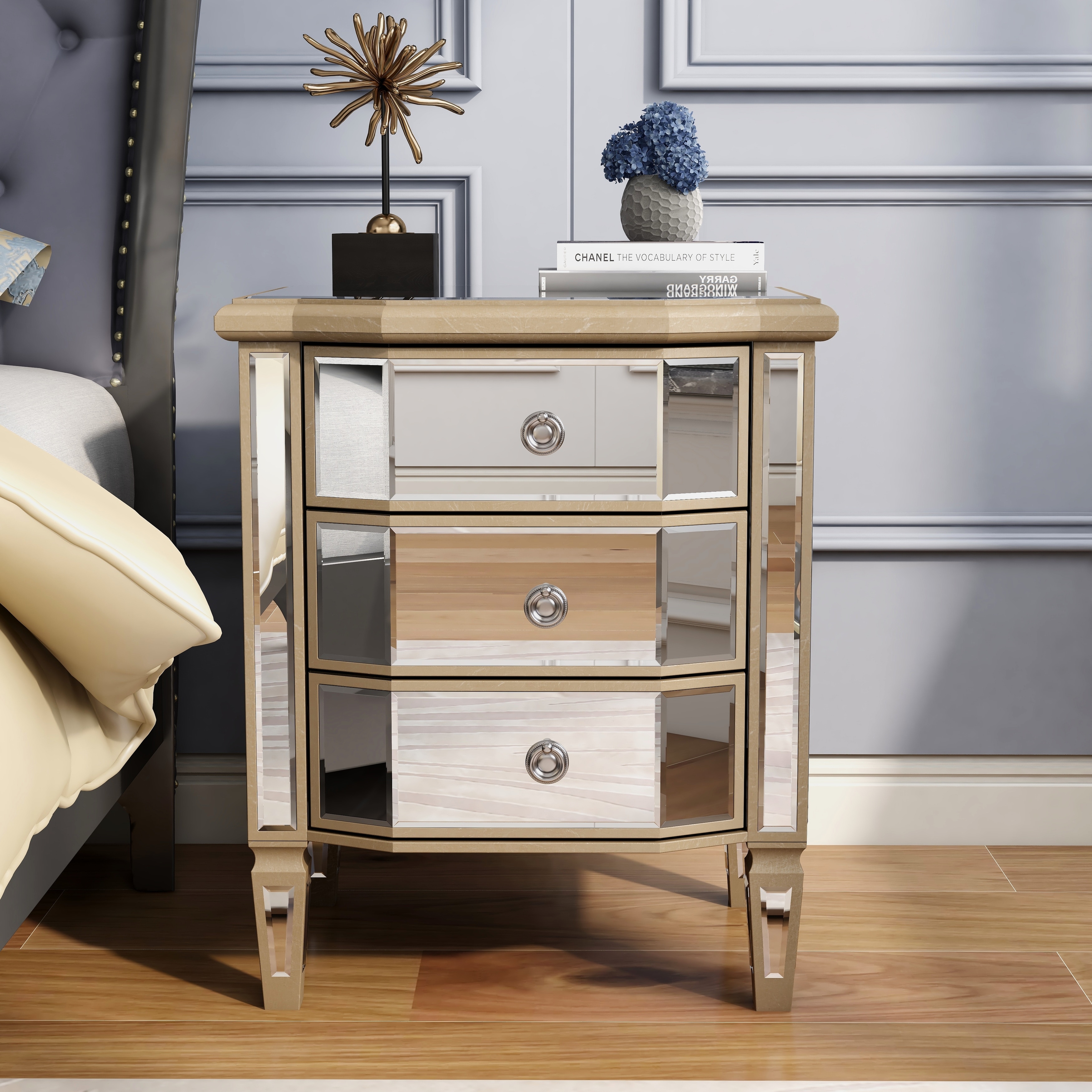 Accent Mirror Glass 3 Drawers Vintage Nightstand End Table