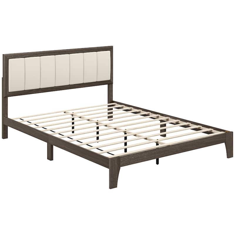 HOMCOM Queen Size Bed Frame with Upholstered Headboard, Platform Bed Frame with Wooden Slats, No Box Spring Needed
