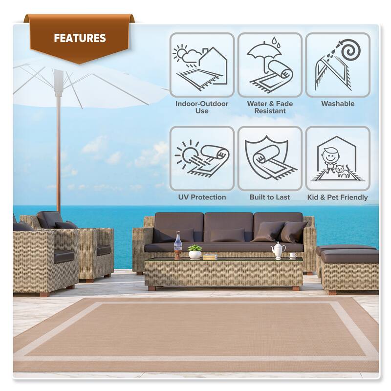 Beverly Rug Bordered Indoor Outdoor Rug, Outside Carpet for Patio, Deck, Porch - Beige
