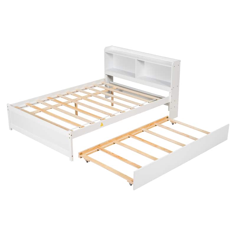 White Full Size Solid Wood Platform Bed with Bookcase Headboard, Trundle, and Storage