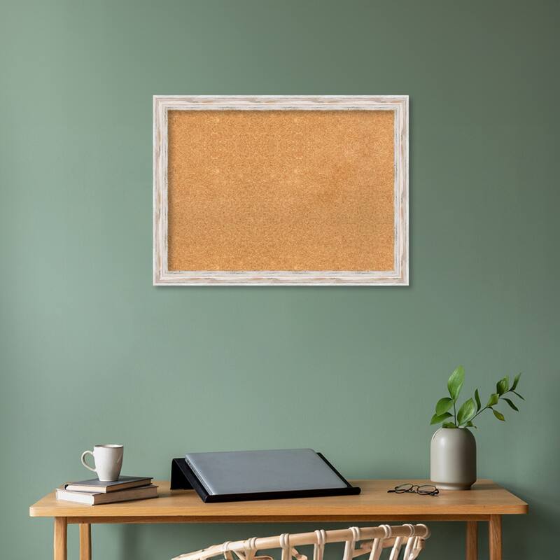 Alexandria White Wash Narrow Wood Framed Natural Corkboard Bulletin Board, Organization Board, Pin Board