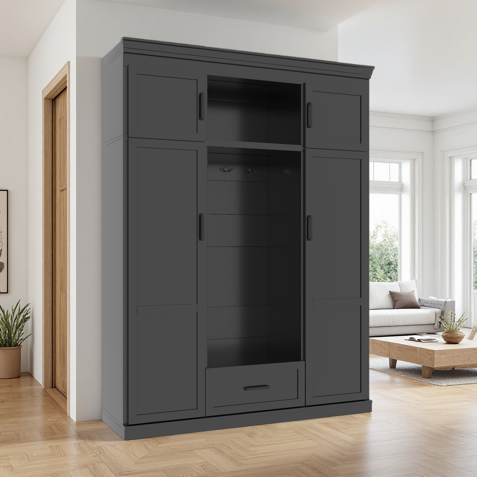 85.2"H MDF Hall Tree with Bench, 3 Hooks & 4 Doors