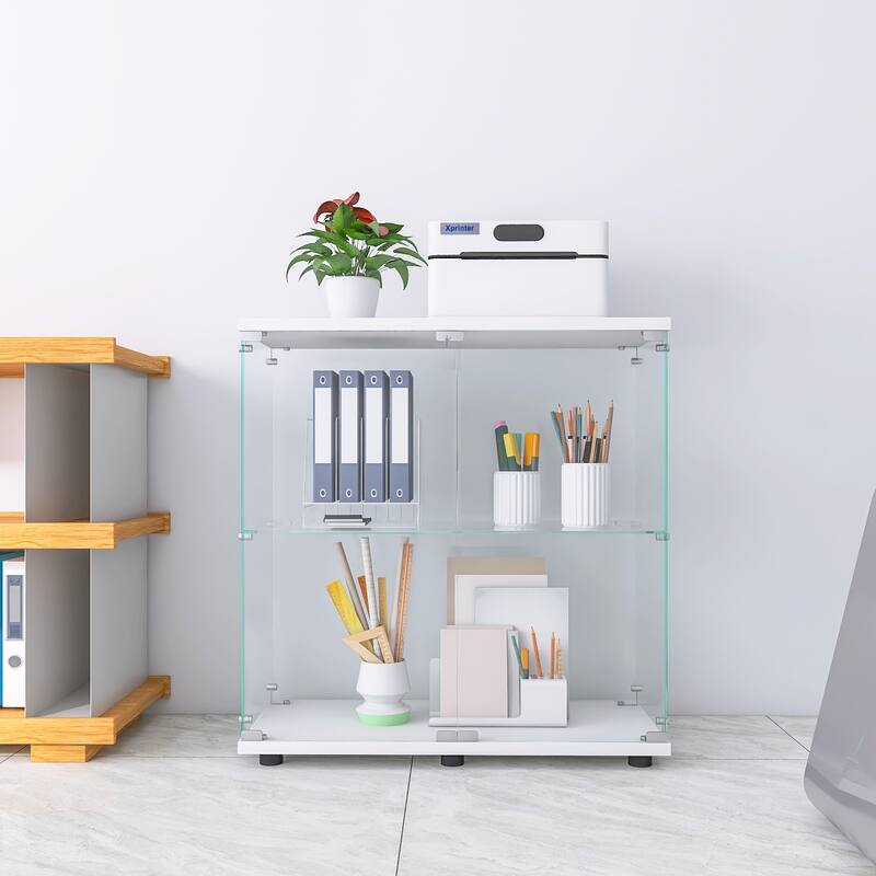 One-Door Glass Display Cabinet with 3 Shelves, Floor Standing Curio Bookshelf with Tempered Glass for Living Room Bedroom Office