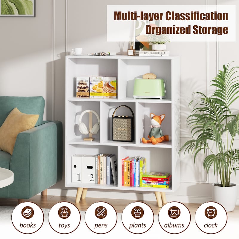 7 Cube Bookshelf, 3 Tier Storage Bookcase with Legs