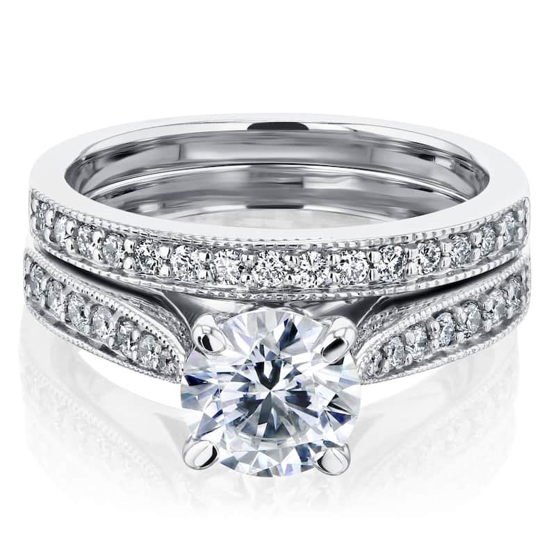 Kobelli 1.3 Carats Moissanite & Natural Diamond 14k Solid Gold Half Eternity Vintage Style Tower Taper Sophie 2pc Bridal Set