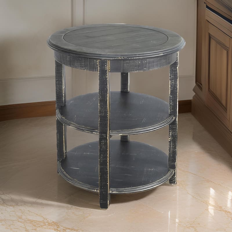 Rena Side End Table with 2 Shelves, 24 Inch Round Black Mahogany Wood