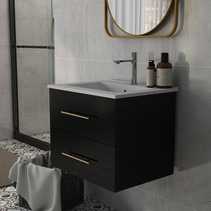 24-Inch Wall-Mounted Bathroom Vanity with Sink Combo,Double Drawers, Ceramic Basin, Easy Assemble,2 Storage Drawers