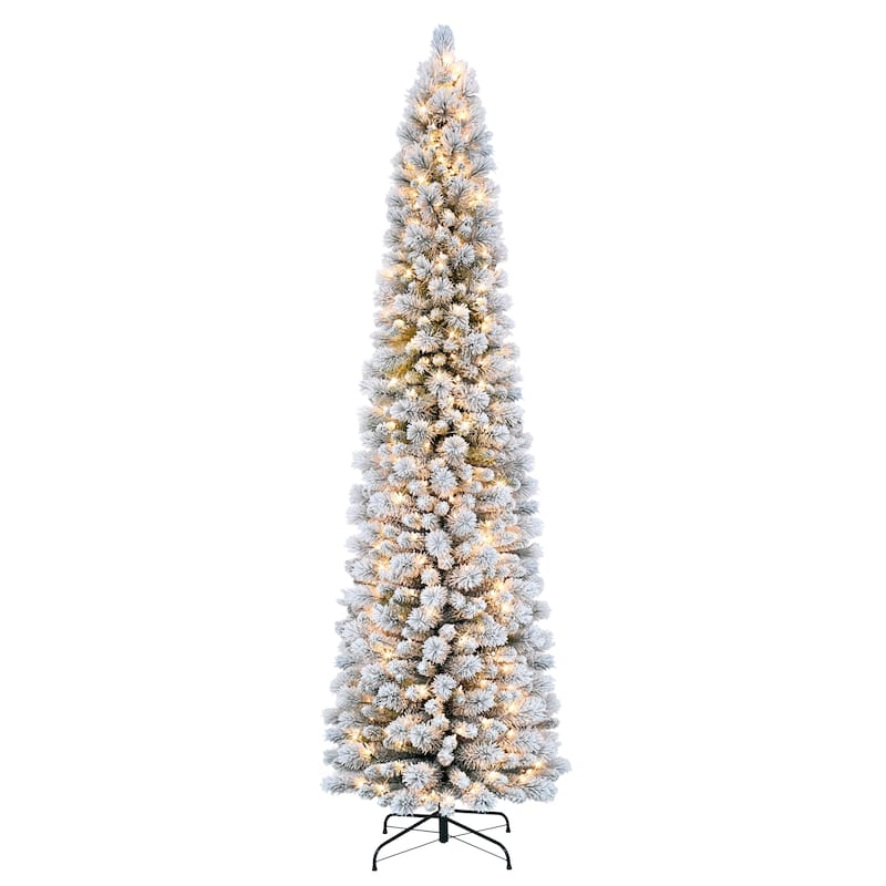 Puleo International 6.5' Pre-Lit Flocked Portland Pine Pencil Artificial Christmas Tree