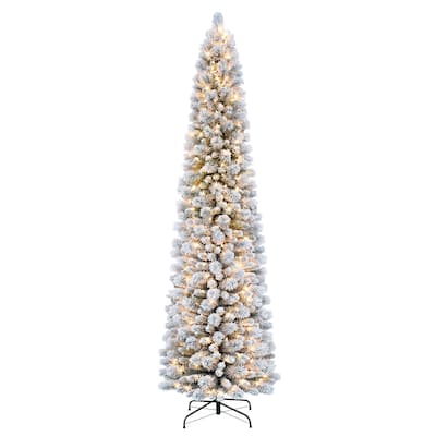 Puleo International 6.5' Pre-Lit Flocked Portland Pine Pencil Artificial Christmas Tree