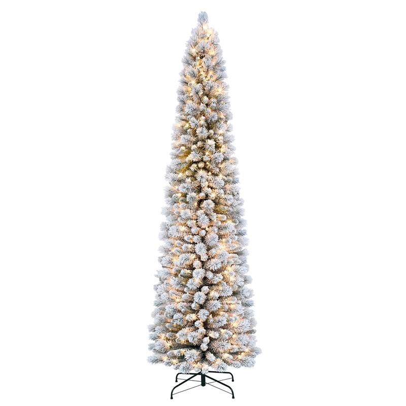 Puleo International 6.5 ft. Pre-Lit Flocked Pine Pencil Artificial Tree
