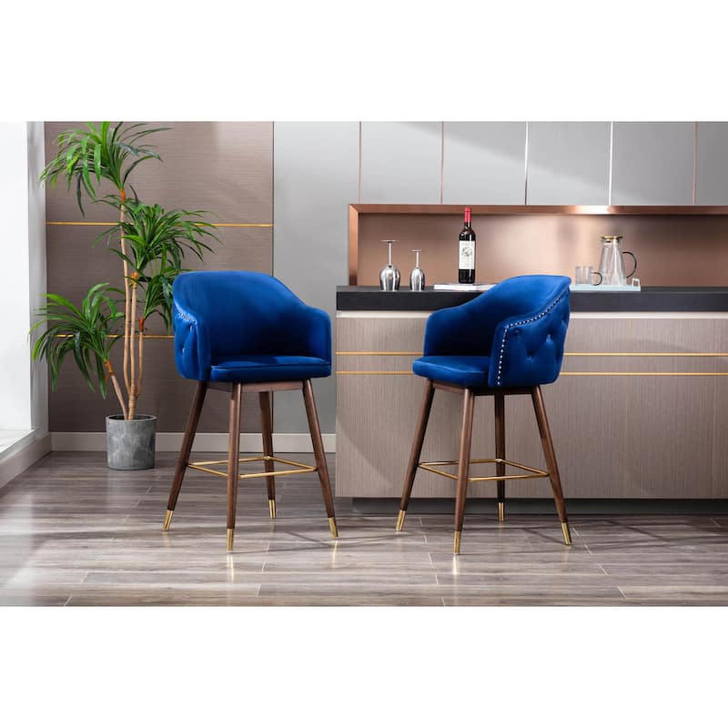 Porthos Home Orla Velvet Upholstered Bar Stools with Rubberwood Legs, Set of 2