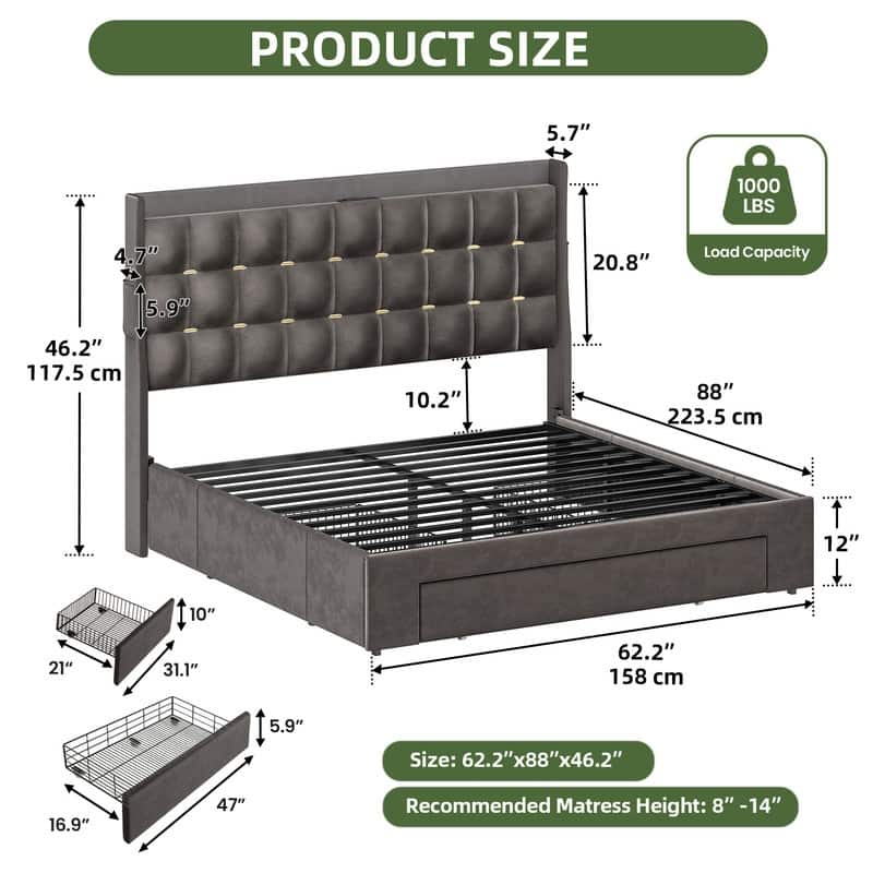 Moasis King Size Velvet Platform Bed with 4 Drawers,Bed Frames with RGB Light & Built-in Charging Station - Grey-3 Drawers - Queen