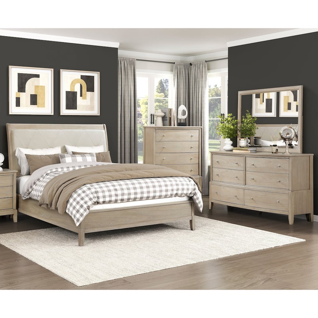 4pcs Bedroom Furniture Bed Dresser Mirror Chest Set Beige Finish