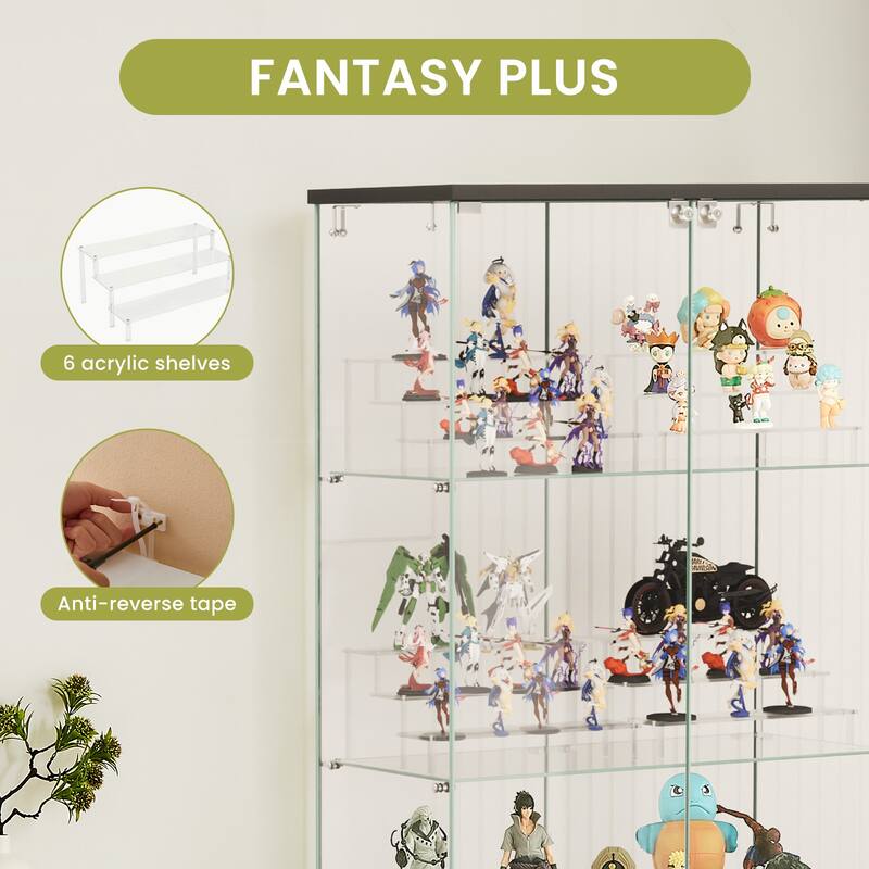 4 Tier Glass Display Cabinet, Double Door Glass Cabinet with Two Locks, Floor Standing Storage Cabinet with 6 Acrylic Shelves