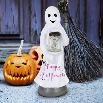 Exhart Friendly Ghost Statuary with LED Sparkle Light Jar and Battery Powered Automatic Timer, 13 Inches tall