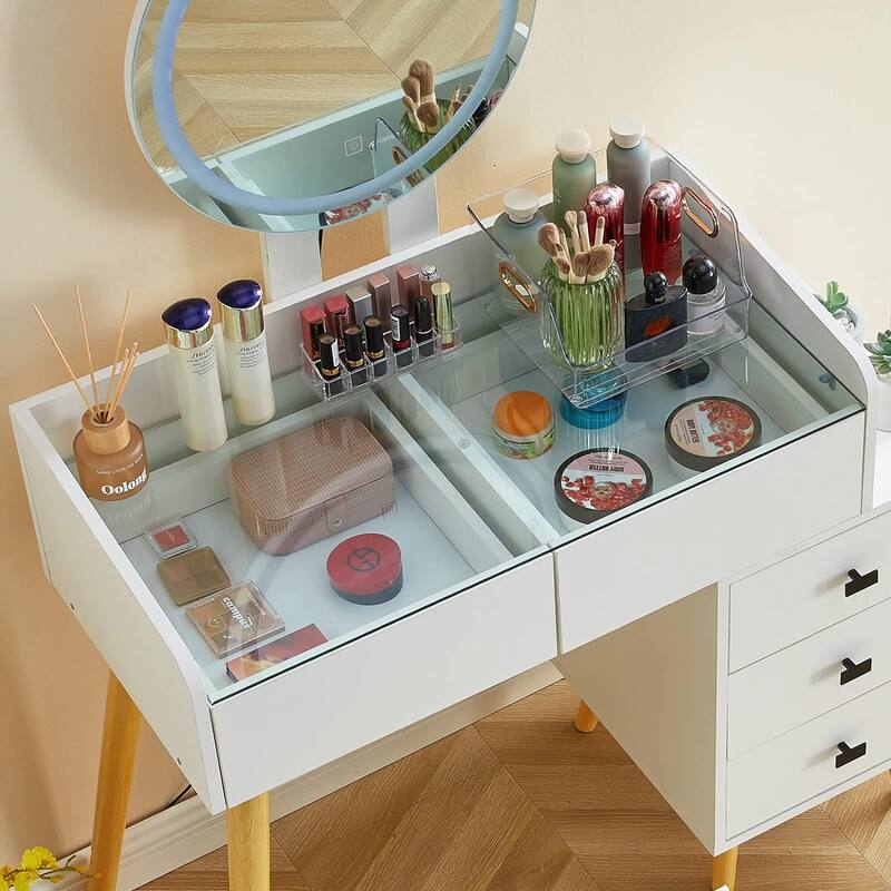 Dressing Table with LED Lights Glass Top Table with Extendable Side Table 5 Drawers Dressing Table with Mirror and Stool