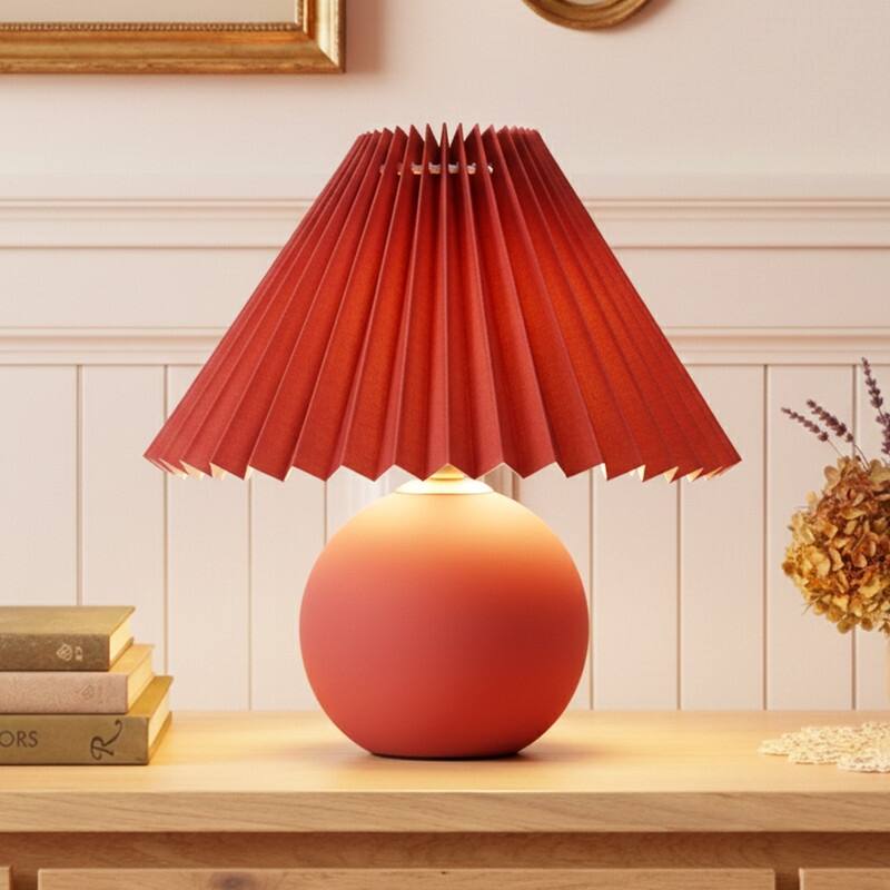 Brightech Serena LED Matte Red Midcentury Round Globe Bedside Nightstand Desk Lamp with Red Pleated Empire Shade