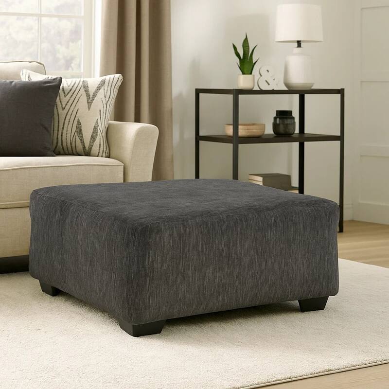 Accent Ottoman, 40 Inch Square Top, Modern Style Dark Gray Polyester