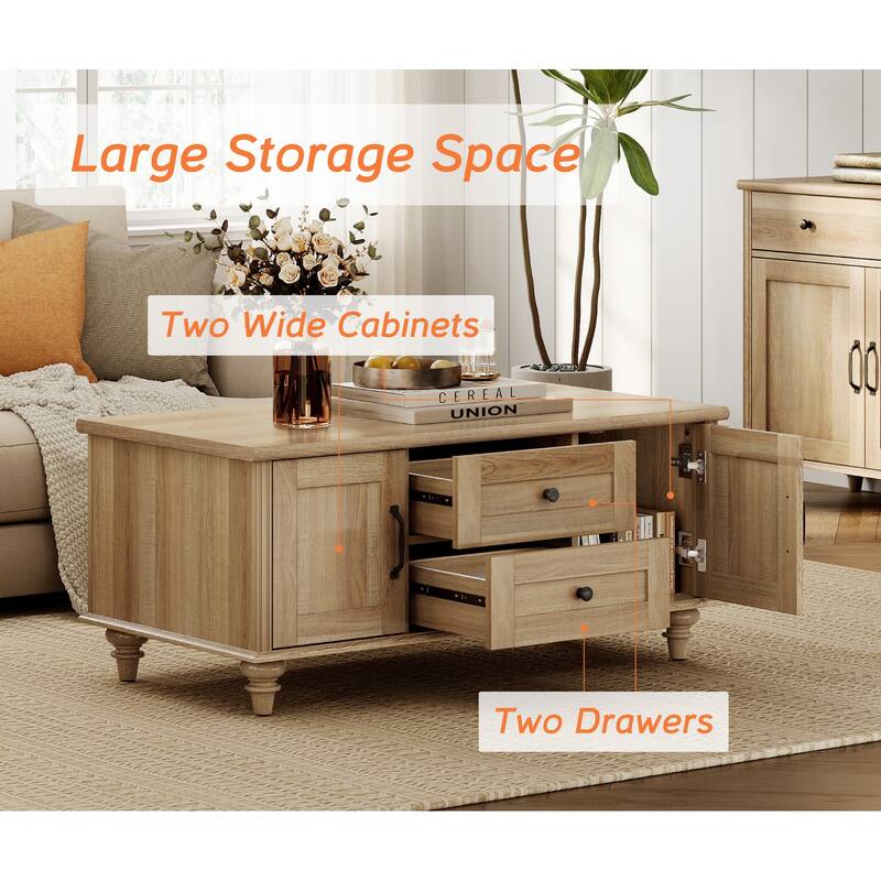 Light Wood Coffee Table with Drawer & Cabinet, Rustic Center Table