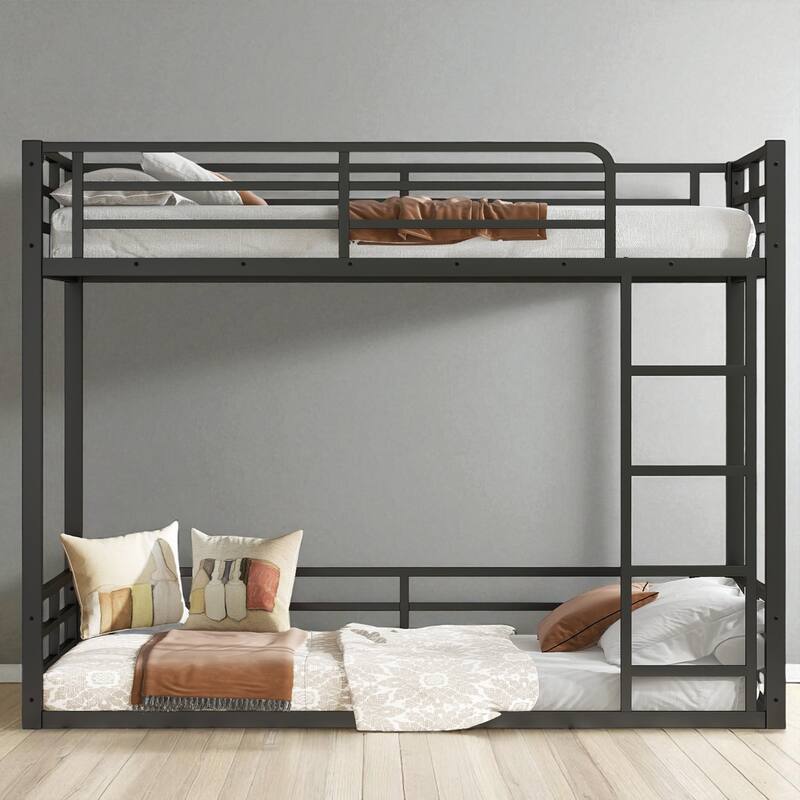 Metal Bunk Bed Twin XL/Full XL Over Full XL, Floor Bunk Frame with Guardrails, Heavy-Duty Noise-Free Design - Black - Twin XL