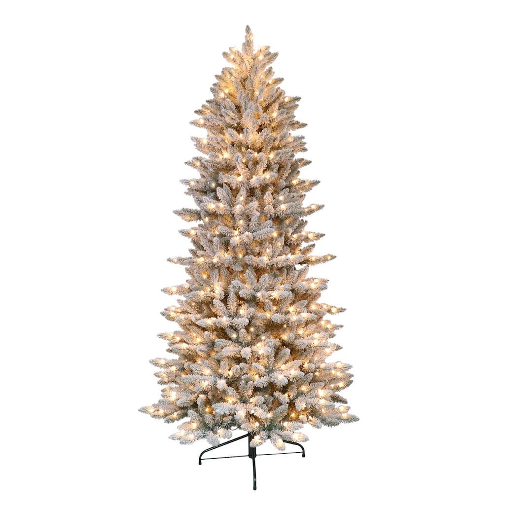 Puleo International 7.5 ' Pre-Lit Flocked Slim Fraser Fir Artificial Christmas Tree