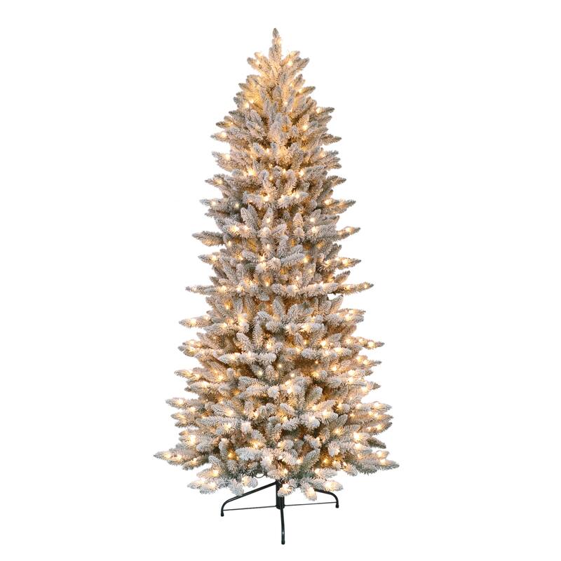 Puleo International 9' Pre-Lit Slim Flocked Fraser Fir Artificial Christmas Tree - 9