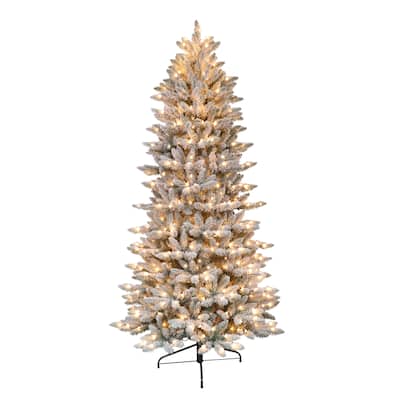 Puleo International 9' Pre-Lit Slim Flocked Fraser Fir Artificial Christmas Tree - 9