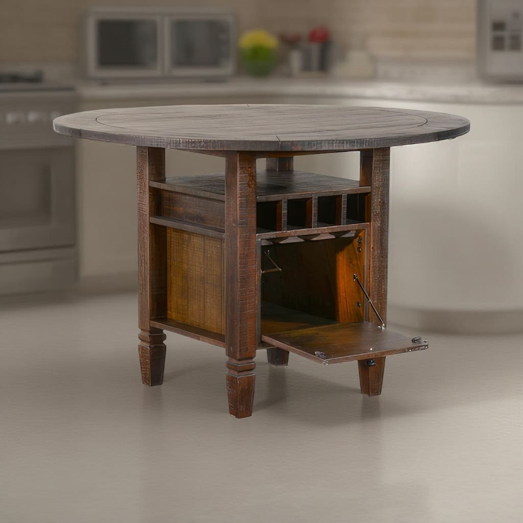 Flint Counter Height Table, 54 Inch Round, Brown Storage Pedestal Base