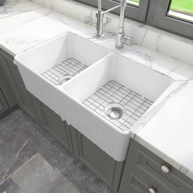Sinber 33 Inch Drop in Double Bowl Kitchen Sink with Fireclay White Finish 2 Accessories