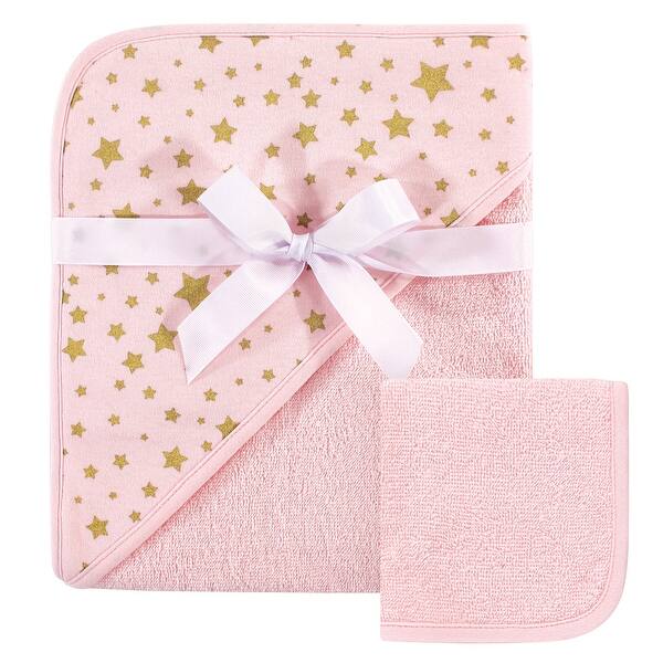 slide 1 of 1, Hudson Baby Infant Girl Cotton Hooded Towel and Washcloth 2pc Set, Pink Gold Star, One Size - Pink Gold Star - One Size Pink Gold Star