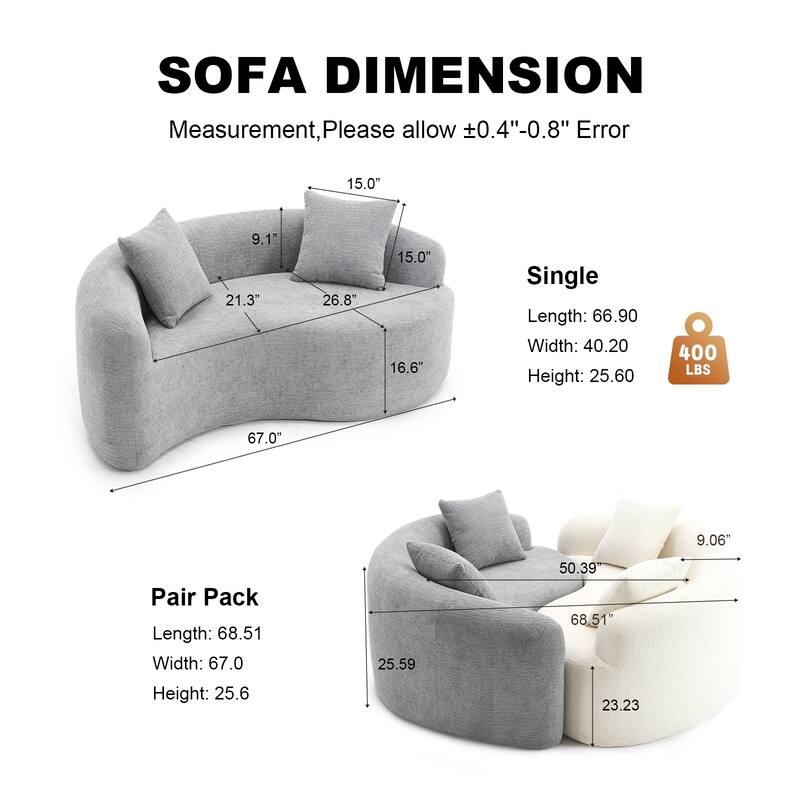 Yin-Yang Design Single Chaise Couch S-curved Chenille Sofa, Purchase 2pc for Combination into Tai Chi Round Sleeper Sofa Bed
