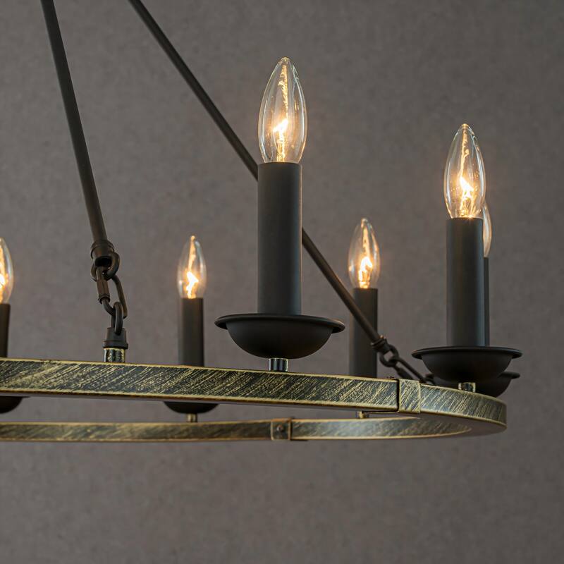 CraftHome 37'' 12-Light Modern Chandelier Round Industrial Candle In Vintage Brushed Gold Over Black Finish For Living Room