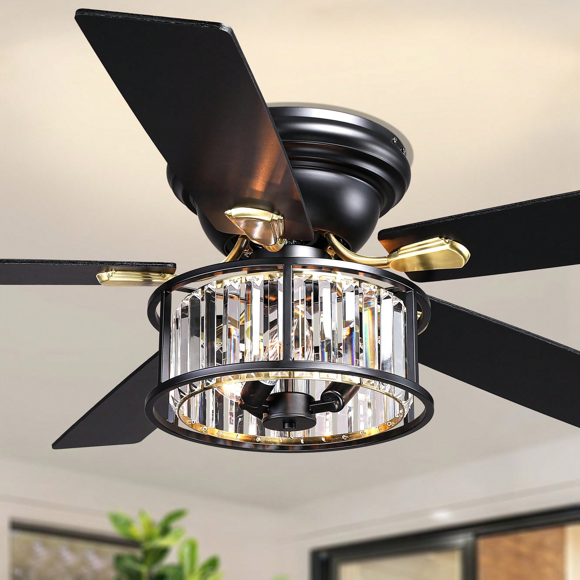 Cusp Barn 52" Flush Mount 5-Blade Black Modern Crystal Caged Low Profile Ceiling Fan with Light and Remote