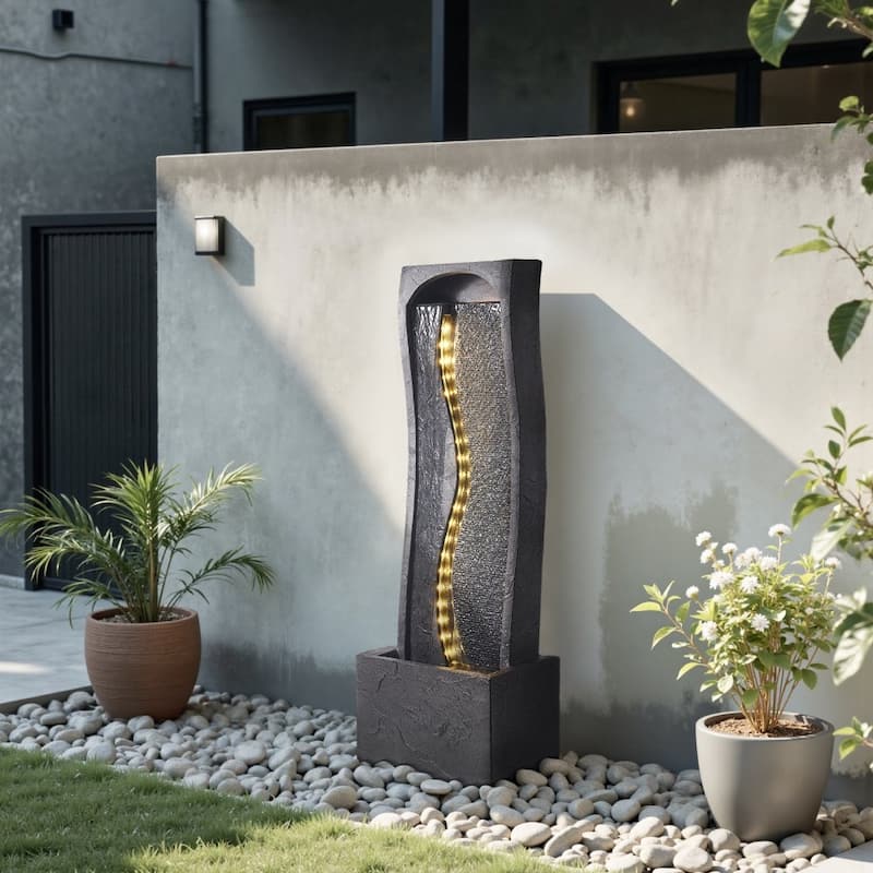 Modern Outdoor LED Lights Water Fountain with Vertical Rock-Base Design and Weather-Resistant - 13.39 x 8.66 x 38.58 in