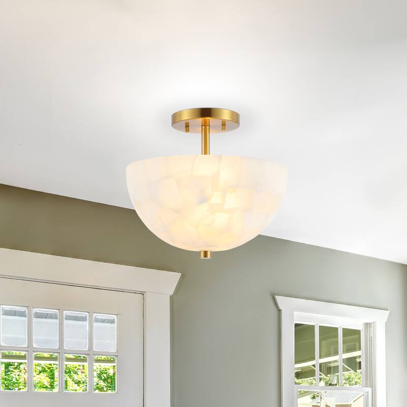 Jules 11.88" 2-Light Modern Alabaster/Iron Inverted Dome LED Semi Flush Mount, White Marbling/Brass Gold by JONATHAN Y