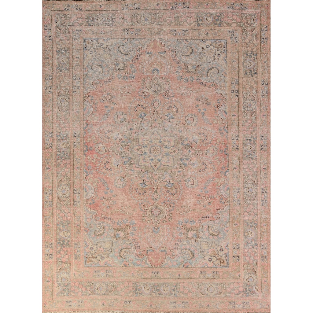 Pink Medallion Mashad Persian Vintage Rug Hand-Knotted Wool Carpet - 6'5" x 9'0"
