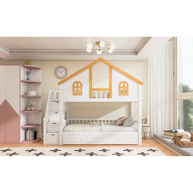 Roomfitters Twin Over Twin/Full Over Full House Bunk Bed with Trundle, Storage Staircase and Roof, White and Natural